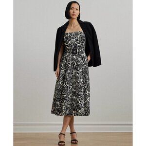 325$ Lauren Ralph Lauren Floral Belted Faille Cocktail Dress Size 4 Black Ivory